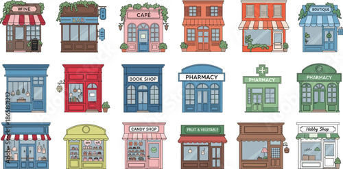 Cute illustrated city shop storefront collection including cafe pharmacy boutique and retail buildings isolated on white background vector set