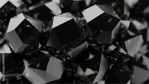 Abstract dark geometric crystal shapes with reflective surfaces and sharp edges