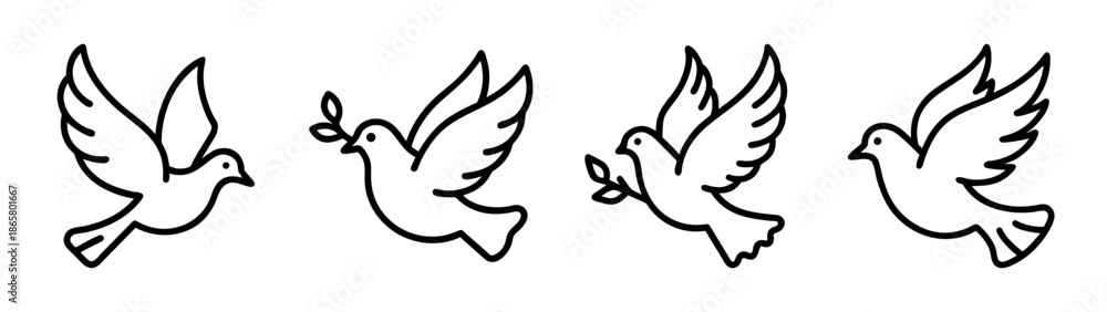 Fototapeta premium Dove drawing vector illustration set, peace dove, flying dove, dove with olive branch drawing