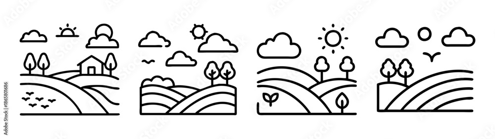 Fototapeta premium Simple landscape drawing illustration: hills, trees, clouds, sun, nature, farm, fields, scenic view