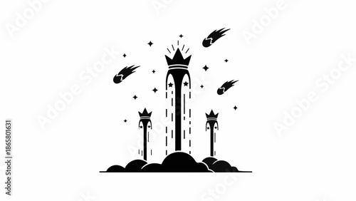 Majestic crown soaring through starry night sky with comets blazing.