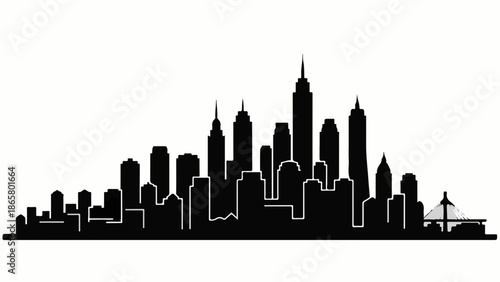 Striking black silhouette of a modern city skyline against a bright white background.