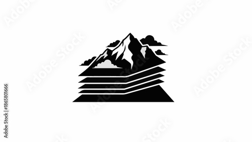 Layered mountain peaks with clouds create a striking abstract graphic design