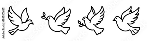 Dove drawing vector illustration set, peace dove, flying dove, dove with olive branch drawing