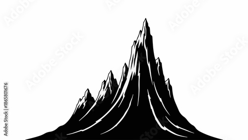 Dramatic black and white illustration of jagged mountain peaks reaching towards the sky.