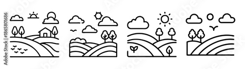 Simple landscape drawing illustration: hills, trees, clouds, sun, nature, farm, fields, scenic view