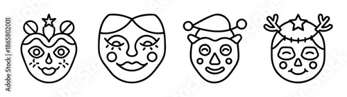 Collection of doodle style christmas holiday faces vector art illustration design drawing set of four