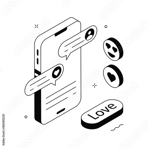 Modern isometric illustration of love chat conversation for digital romance themes