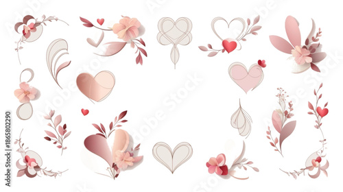 An elegant romantic border design featuring a collection of stylized hearts and delicate floral elements in shades of coral, pink, and cream. The white central space is framed by graceful swirls 
