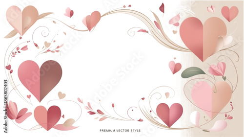 An elegant romantic border design featuring a collection of stylized hearts and delicate floral elements in shades of coral, pink, and cream. The white central space is framed by graceful swirls 