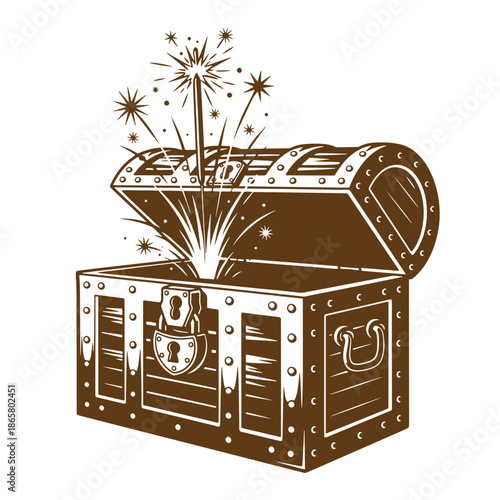 Vintage Brown treasure chest with fireworks exploding out of it on white background  celebration and excitement concept