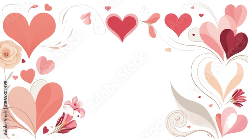 An elegant romantic border design featuring a collection of stylized hearts and delicate floral elements in shades of coral, pink, and cream. The white central space is framed by graceful swirls 