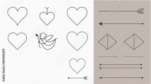 A minimalist collection of line art illustrations featuring various heart shapes, a soaring Cupid with a bow, and decorative arrows. The design is split into two sections: clean black outlines 