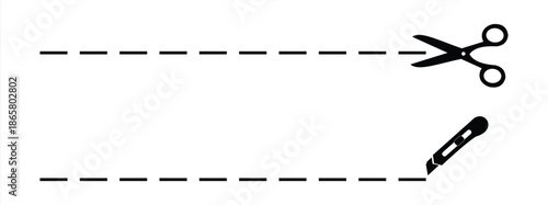 Scissors icon. A set of black scissors with a cutting line