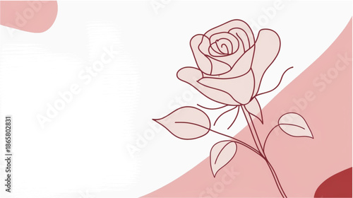An artistic minimalist illustration featuring a line-art rose centered against a split background of crisp white and soft dusty rose. The design incorporates a textured, diagonal brushstroke 