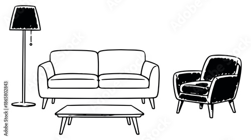 Hand drawn line art living room furniture set featuring a sofa, armchair, coffee table, and floor lamp for interior design projects
