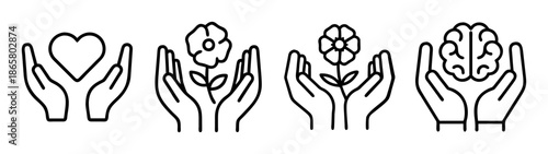Hands holding heart flower brain line art vector illustration concept of growth and care design