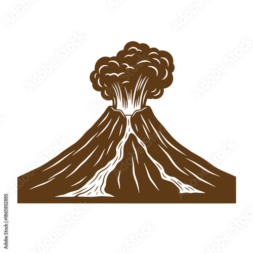 Vintage Brown volcano erupting with smoke and ash on white background  illustration of a mountain with a large cloud of smoke coming out