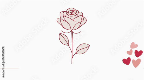 A delicate and minimalist illustration featuring a single line-art rose in a deep mauve hue, accompanied by a small cluster of hearts in the corner. The clean white background emphasizes the elegant, 
