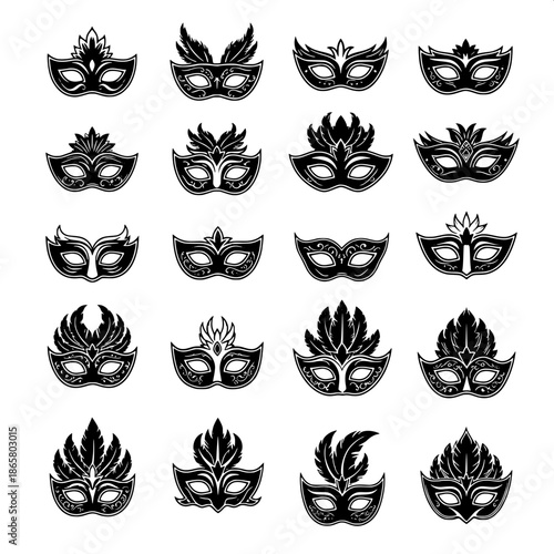“Carnival masquerade masks in black silhouette, evenly aligned grid, flat graphic illustration, print-ready vector style.”