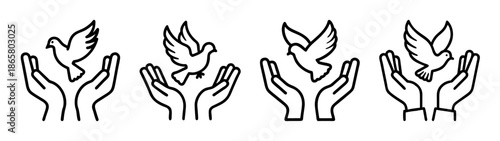 Dove release illustration: hands releasing doves, peace, freedom, hope, vector graphic design art