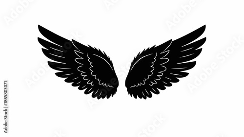 Elegant black angel wings spread wide against a clean white background, symbolizing freedom and spirituality.