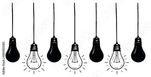 Hand drawn light bulb set featuring glowing and unlit bulbs for innovation and creativity concepts