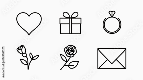 A set of six minimalist line-art icons related to love and romance, featuring a heart, a gift box, a rose, two engagement rings, and a wax-sealed envelope. The clean, black-and-white design 