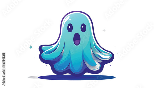 Cartoon Ghost with Surprised Expression Floating on White Background.