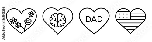 Four hearts with flower, brain, dad and american flag design for father's day gift idea