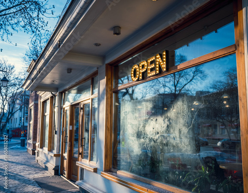 Storefront with Open Sign on Bright January Morning