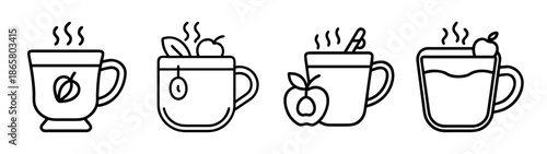 Collection of hot drinks in mugs vector illustration tea coffee apple cider spiced beverage set