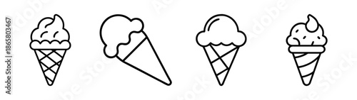 Ice cream cone vector illustration set, summer dessert drawing, sweet treat outline design, food art