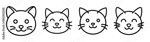 Cute cat face drawing vector illustration, cartoon cat heads, kawaii kitten, simple line art design