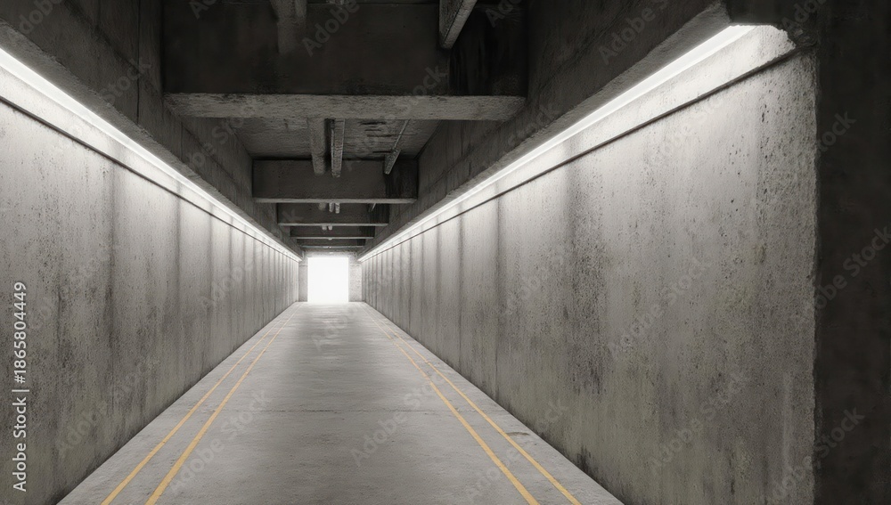 Fototapeta premium Long, concrete tunnel with bright end, overhead lights