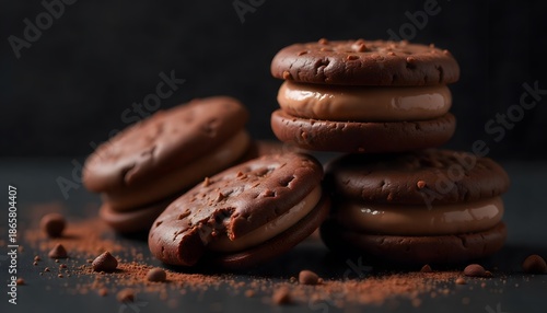 Close-up chocolate cream biscuits on dark background. Brown crispy cookies with creamy chocolate filling, delicious sweet dessert, perfect for snack or confectionery concept.