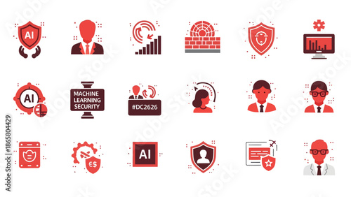AI Security, Machine Learning Protection, Data Privacy, and Digital Firewall Flat Icon Set