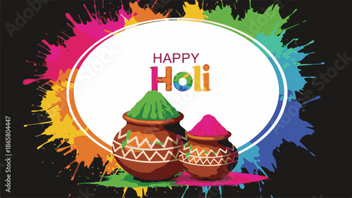 Vibrant happy holi celebration with colorful pots and paints