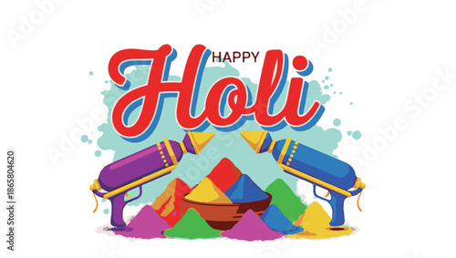 Vibrant happy holi celebration background with colorful powders and water pistol