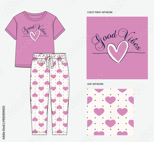 Kids pajama set artwork featuring a Good Vibes heart chest print and seamless heart all over pattern. Ideal for children’s sleepwear, kids nightwear, loungewear, textile prints and apparel design