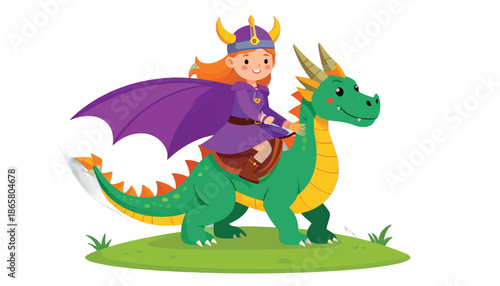 A brave girl riding a friendly green dragon with a purple cape.