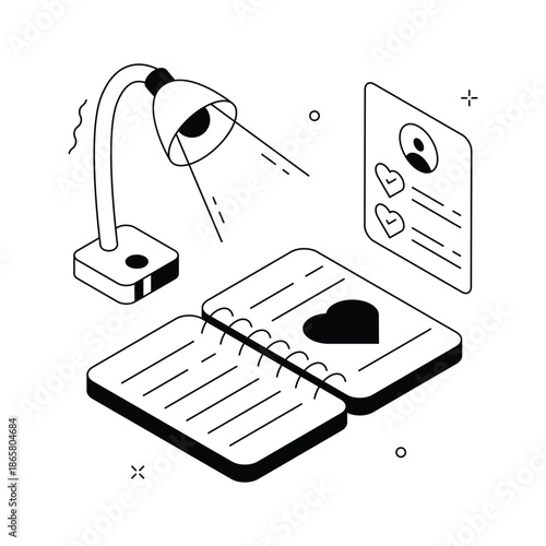 Isometric illustration of reading love book for cozy romance scenes