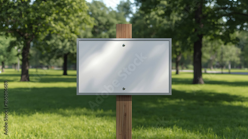 Blank White Signage Mockup on Wooden Post in Sunny Green Park Background