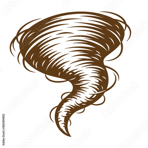 Vintage tornado illustration with brown swirling winds and white highlights on clean background