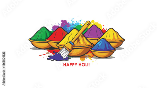 Vibrant holi celebration with colorful powders and happy holi greeting