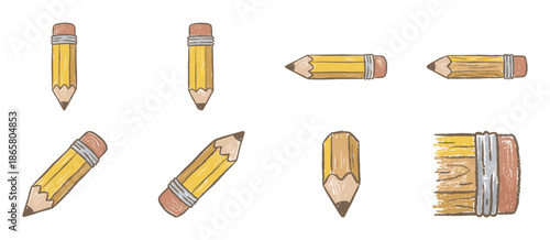 Charming collection of short yellow pencils with erasers, hand-drawn in a sketchy doodle style with visible texture, showcasing the writing instruments from different angles