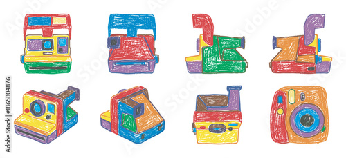 Collection of colorful hand-drawn instant cameras in a playful, childlike doodle style, featuring a rough textured linocut print effect and vibrant retro aesthetic