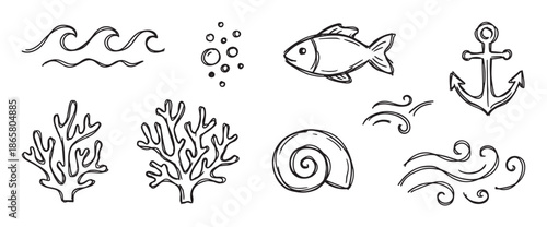 Set of hand-drawn nautical doodle icons featuring a fish, anchor, coral, seashell, ocean waves, and bubbles in a simple black and white line art sketch style