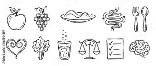 Hand-drawn doodle icon set representing healthy living concepts with various symbols like fruit, water, heart, brain, and scales for nutrition, diet, and wellness themes