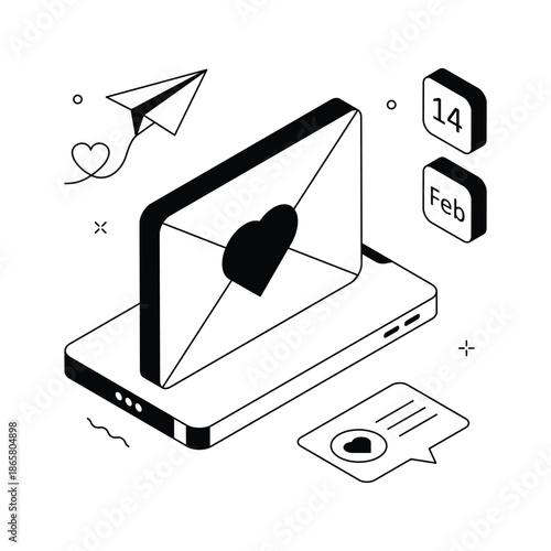 Stylish isometric illustration of love letter expressing heartfelt emotions